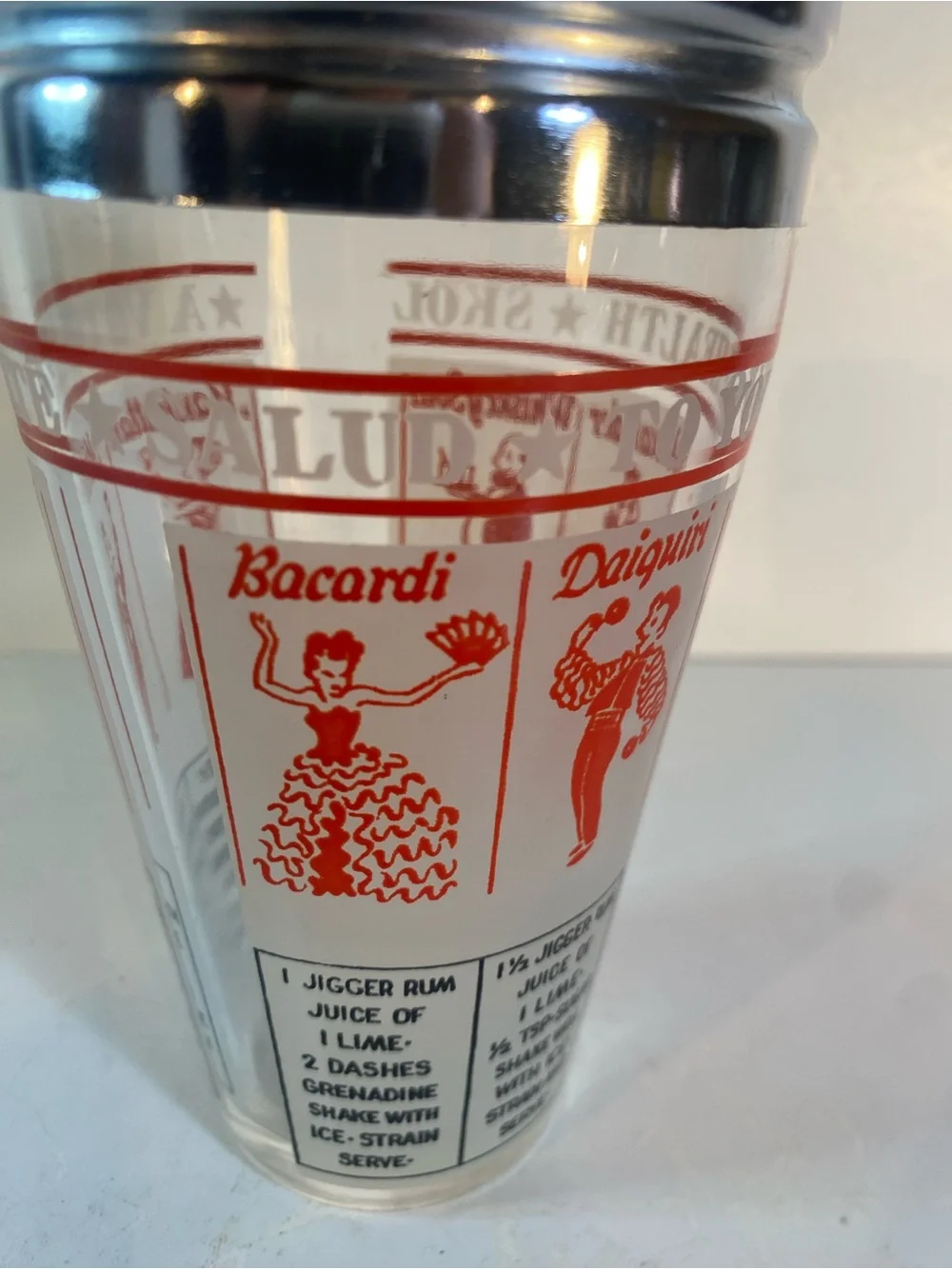 Vintage Mid-Century 'Salute to Your Health' Recipe Frosted Glass Cocktail Shaker